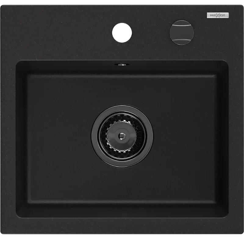 Mexen Milo, granitový drez 435x410x171 mm, 1-komorový, čierna s čiernym sifónom, 6505441000-77-B