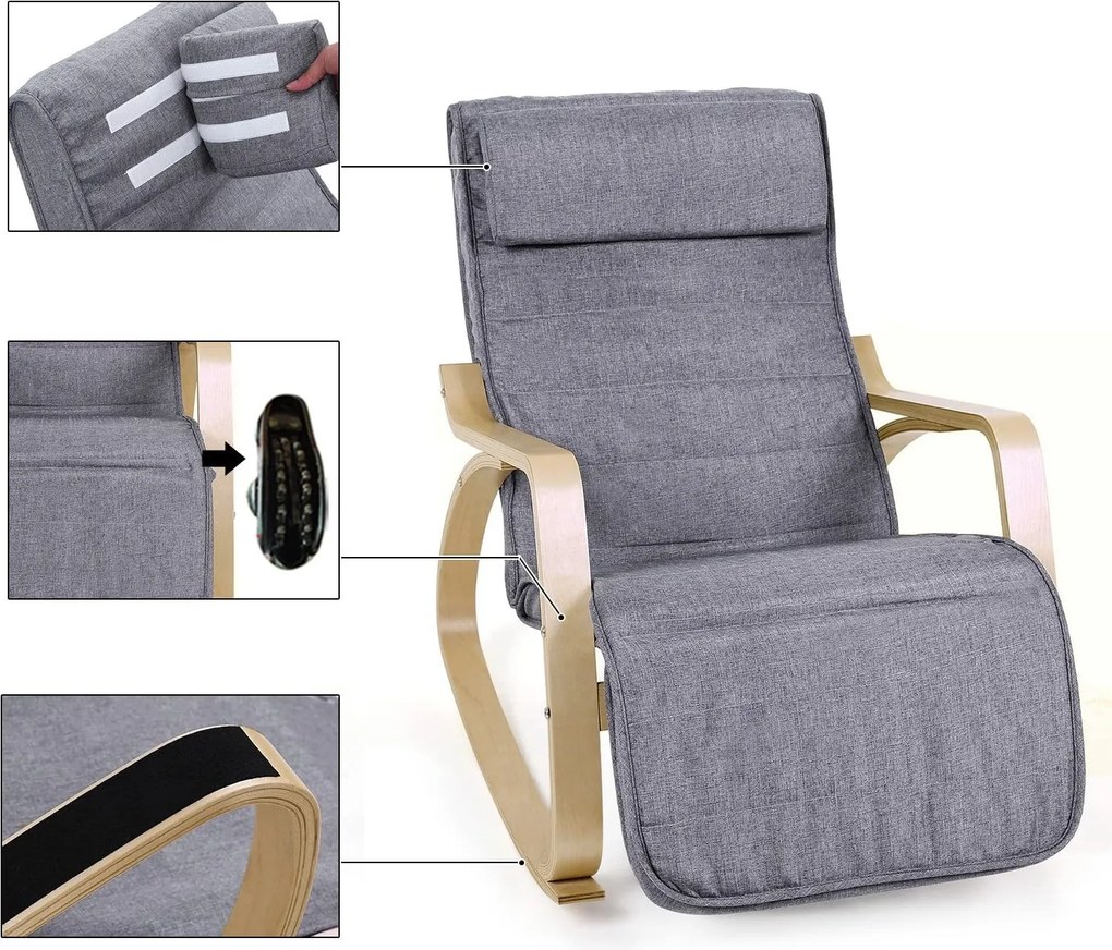 Hojdacie kreslo, relaxačné kreslo, opierka nôh polohovateľná v 5 stupňoch, svetlo šedé
