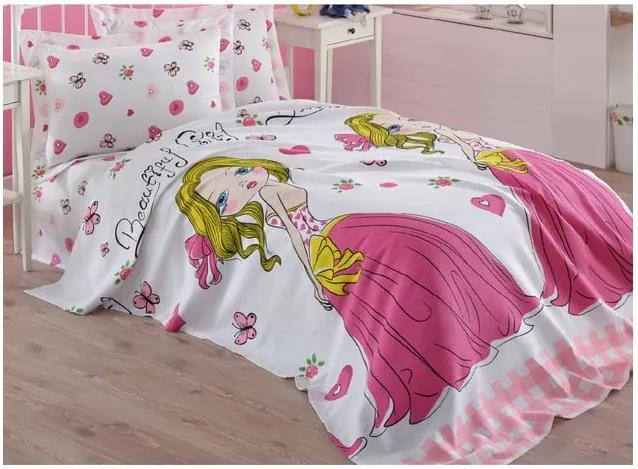 Ružová detská prikrývka cez posteľ z čistej bavlny Princess, 160 × 235 cm