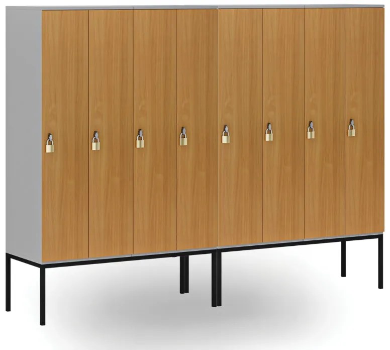 Drevená šatníková skrinka S4 s podnožou, 4 oddiely, 1871 x 1200 x 500 mm, demont, otočný zámok, sivá/zelená