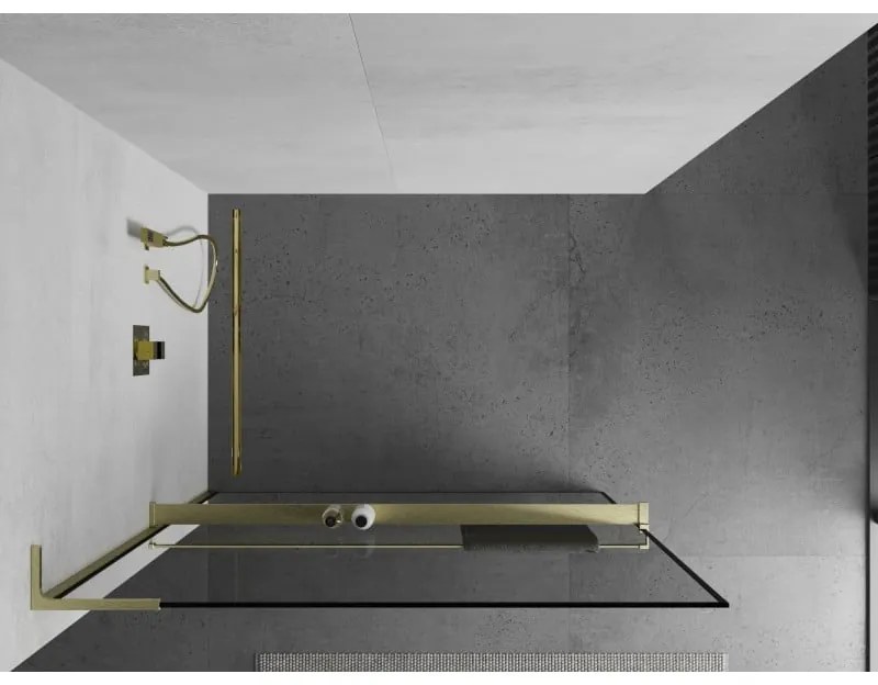 Mexen Kioto+ L, sprchová zástena Walk-In s poličkou a vešiakom 50 x 200 cm, 8mm číre sklo čierny vzor, zlatý matný profil, 800-050-123-55-70
