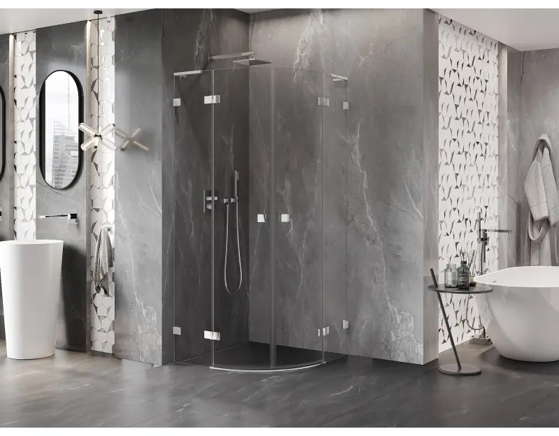 Mexen Lunar, L polkruhový výklopný sprchový kút 80 x 80 cm, 8mm číre sklo, chrómový profil, 833L-080L-080P-01-00