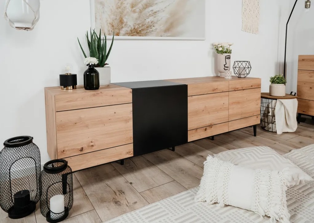 Široká skrinka 4-dverová Nola, dub artisan/čierna