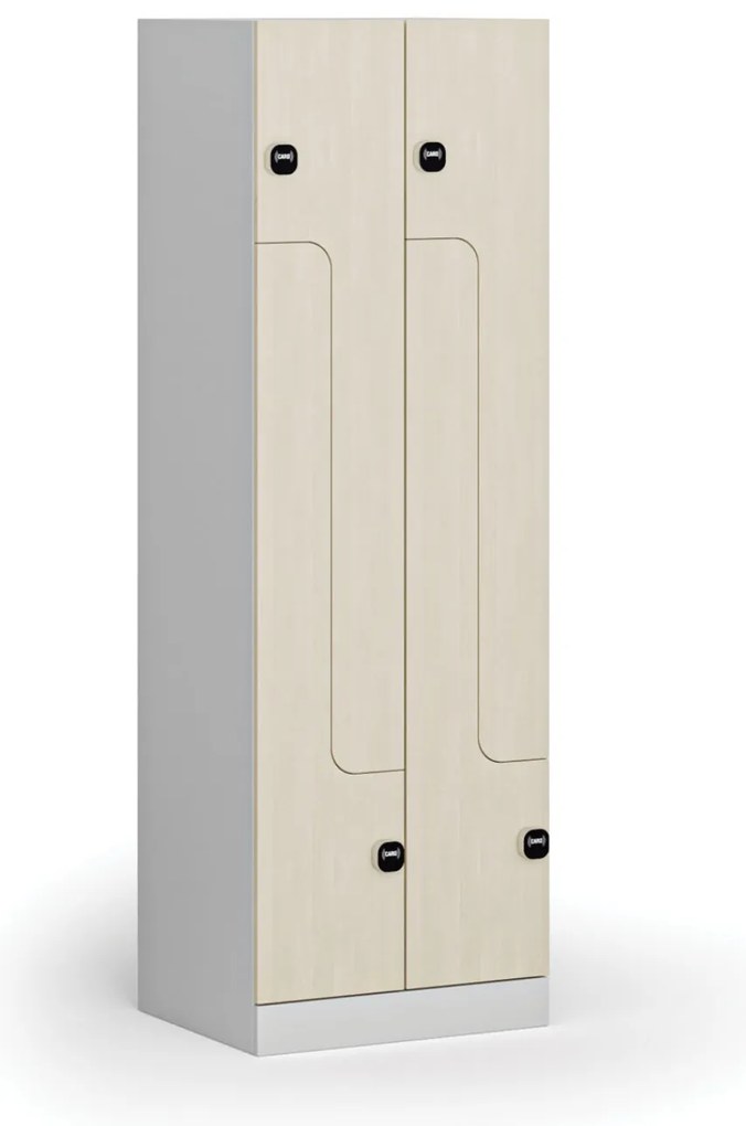 Kovová šatníková skrinka Z, 4 oddiely, 1850 x 600 x 500 mm, demont, zámok s čítačkou RFID kariet, laminované dvere, breza