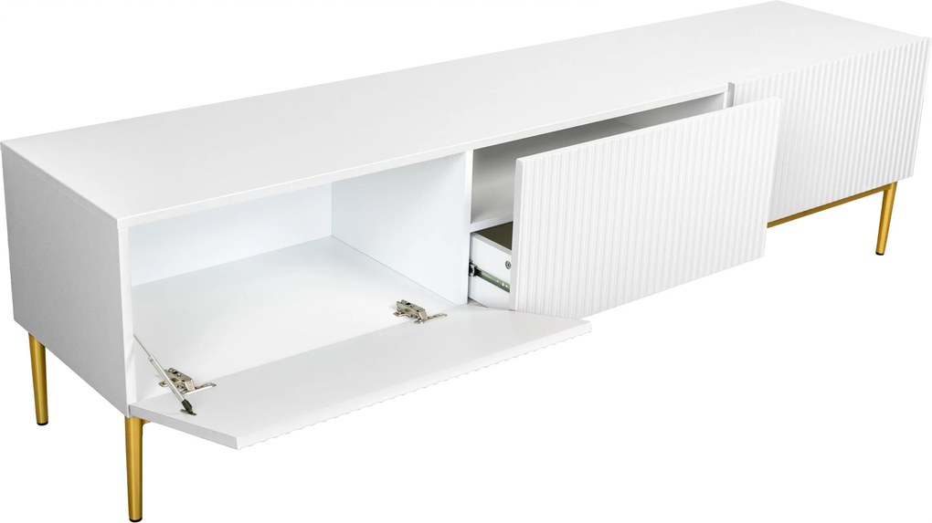 Biela RTV skrinka Nicole 200 cm na kovových nohách so zásuvkou - matná biela / zlaté nohy