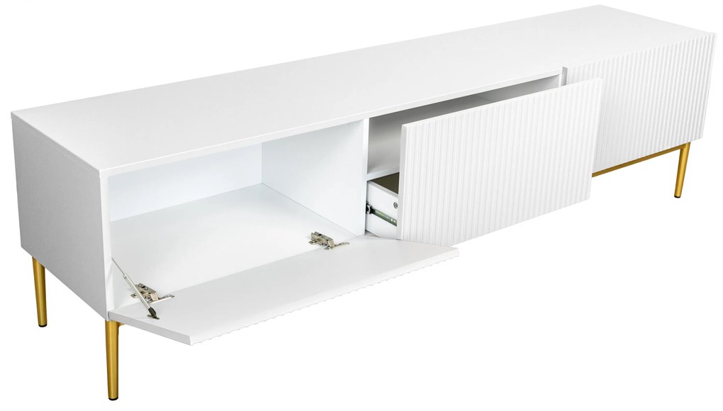 TV stolík so zásuvkou Nicole 200 cm - biely mat / zlaté nohy