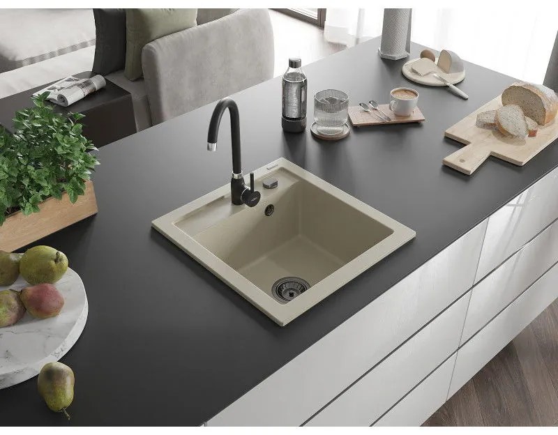 Mexen Vito, granitový drez 520x490x210 mm, 1-komorový, béžová s čiernym sifónom, 6503521000-69-B