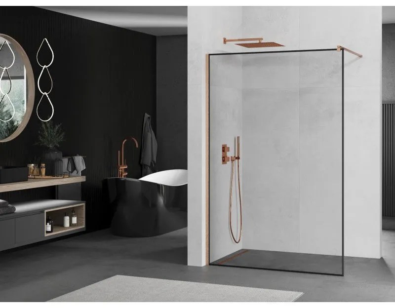 Mexen Kioto, sprchová zástena Walk-In 110 x 200 cm, 8mm číre sklo čierny vzor, medený matný profil, 800-110-101-65-70