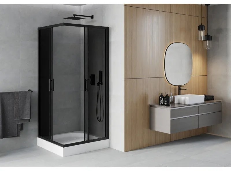 Mexen Rio, štvorcový sprchovací kút s posuvnými dverami 90(dvere) x 90(dvere) x 190 cm, 6mm šedé sklo, čierny profil + biela sprchová vanička RIO, 860-090-090-70-40-4510