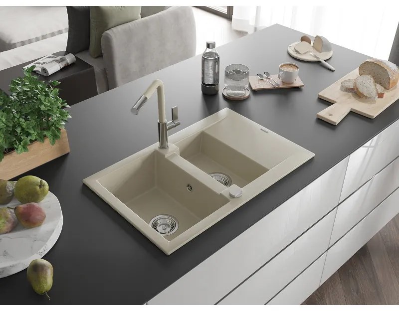 Mexen Gaspar, 1,5-komorový granitový drez 737x475x177 mm a drezová batéria Flora, béžová, 6507-69-670401-09
