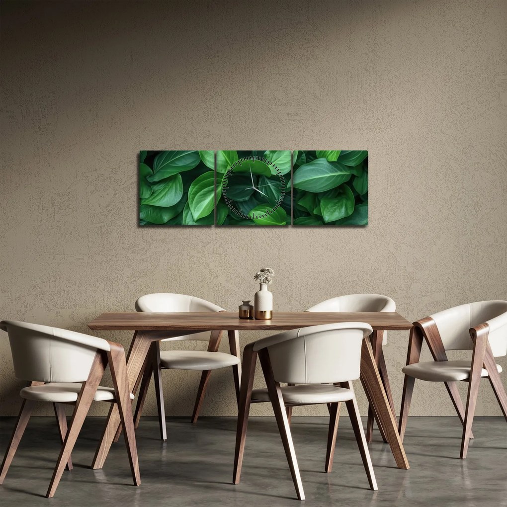 Obraz - Zelené listy (s hodinami) (90x30 cm)