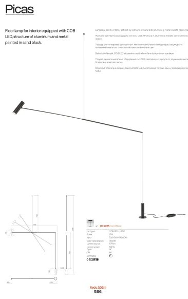 Redo 01-2695 - LED Stmievateľná stojacia lampa PICAS LED/12W/230V čierna