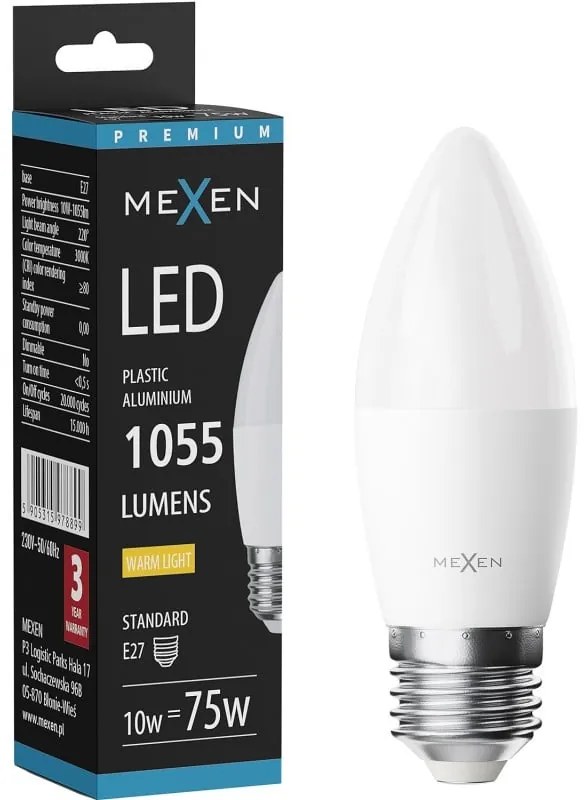 Mexen Nova, LED žiarovka E27, C37, 10W, Teplá - 3000K, 1055 lm - L102-E27-1030-01