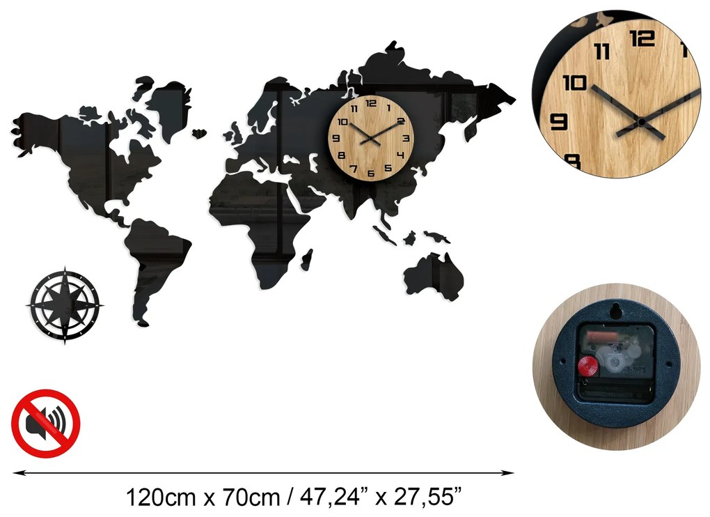 3D nalepovacie hodiny Continents čierne
