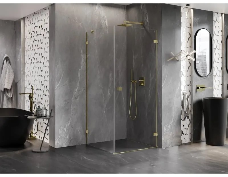 Mexen Lunar-B, pravostranný výklopný sprchový kút 80 x 80 cm, 8mm číre sklo, zlatý profil, 832-080-080-50-00-P