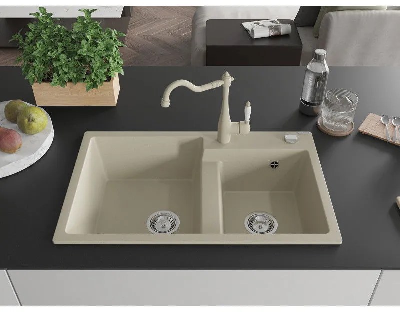 Mexen Tomas, granitový drez 800x500x190 mm, 2-komorový a drezová batéria Carla, béžová, 6516-69-670700-69