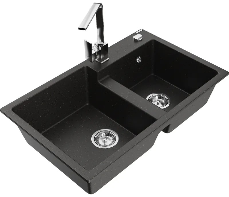Mexen Tomas, granitový drez 800x500x190 mm, 2-komorový a chrómová batéria Rita, čierna-zlatá metalíza, 6516-75-670300-00