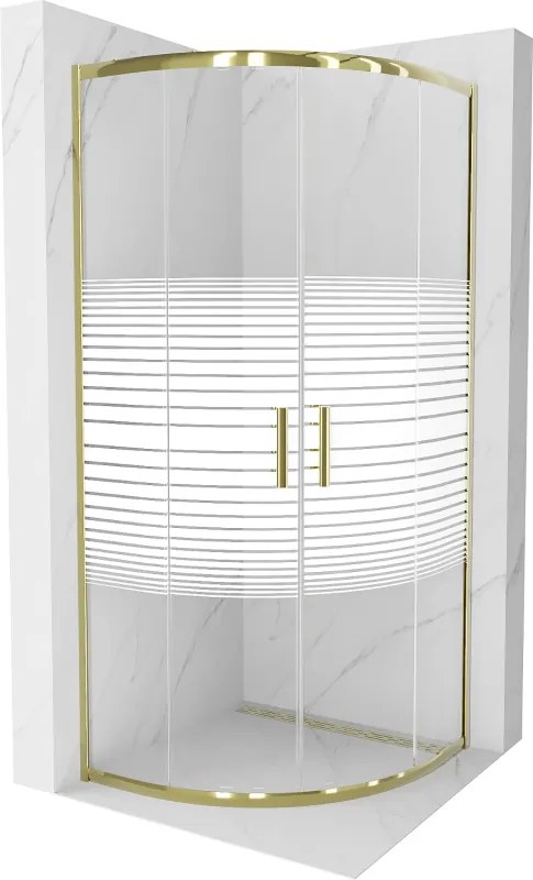 Mexen Rio, štvrťkruhový sprchovací kút s posuvnými dverami 80(dvere) x 80(dvere) x 190 cm, 6mm číre sklo s pásikmi, zlatý lesklý profil, 863-080-080-50-20