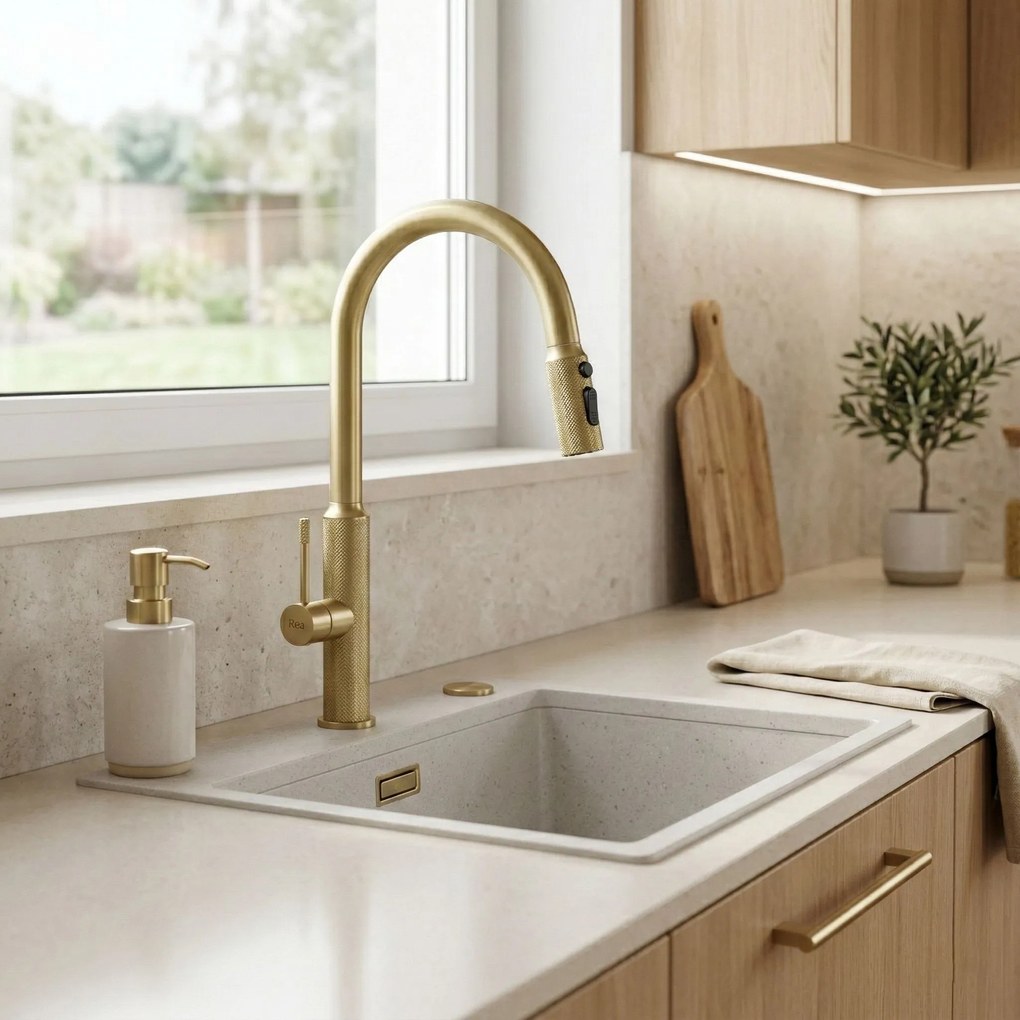 Rea Master, vysoká kuchynská batéria s výsuvným výtokom, zlatá matná, REA-B7204
