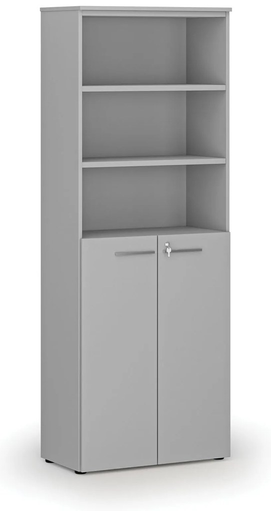 Kombinovaná kancelárska skriňa PRIMO GRAY, dvere na 3 poschodia, 800 x 420 x 2128 mm, sivá