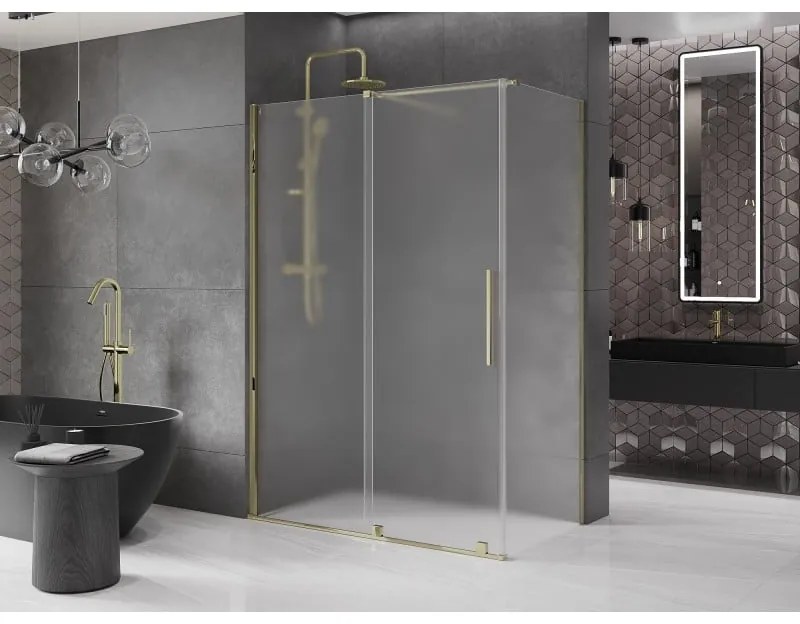 Mexen Velar, sprchový kút s posuvnými dverami 150 x 85 cm, 8mm sklo námraza, zlatá lesklá, 871-150-085-31-50