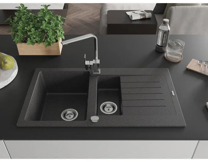 Mexen Matias, granitový drez 900x505x200 mm, 1,5-komorový a chrómová batéria Rita, čierna škvrnitá, 6502-76-670300-00
