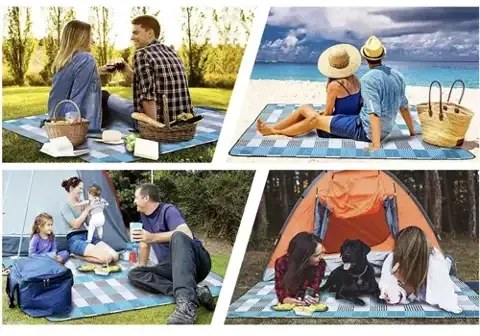 Pikniková deka v károvanom vzore 200 x 200 cm - modrá