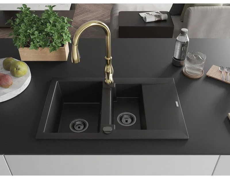 Mexen Gaspar, 1,5-komorový granitový drez 737x475x177 mm a drezová batéria Savita, čierna, 6507-77-672601-50-B