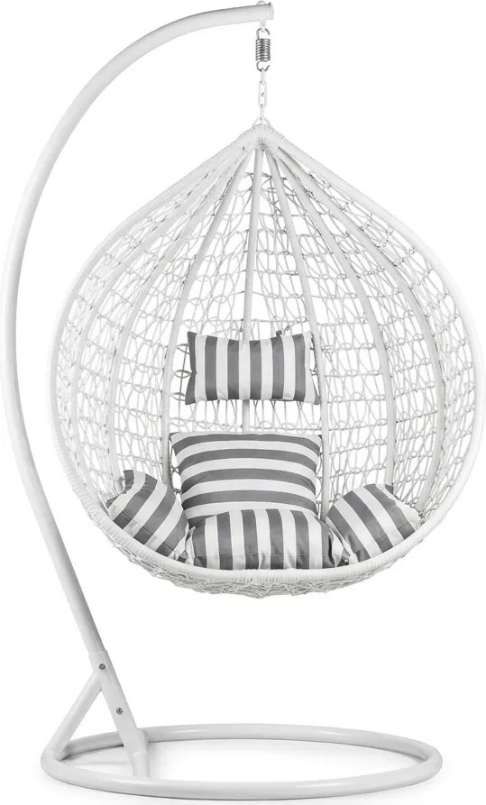 Biele závesné kreslo KOKON so stojanom, bielo-sivý vankúš