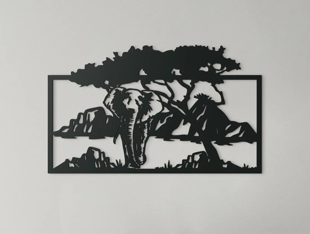 drevko Drevený obraz Slon v savane Rozmer obrazu: 26,5 x 44,5 cm, Farba dekorácie: Čierna