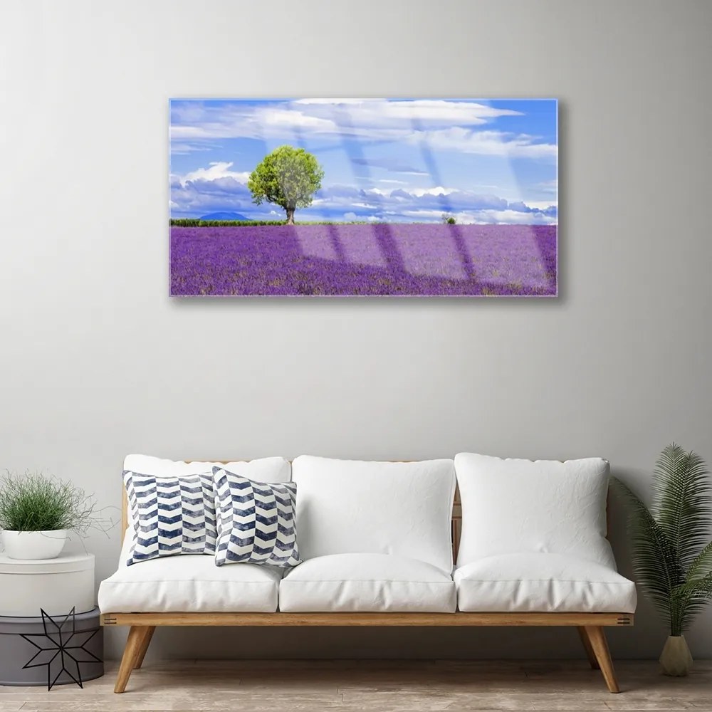 Skleneny obraz Pole levanduľa strom príroda 120x60 cm