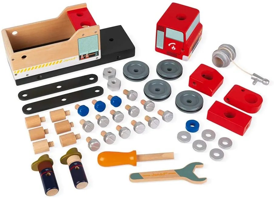 BricoKids - Drevené auto a stavebnica - Hasiči - 45 ks