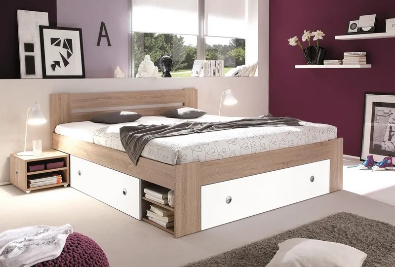 Posteľ s nočnými stolíkmi Stefan 140x200 cm, dub sonoma/biela