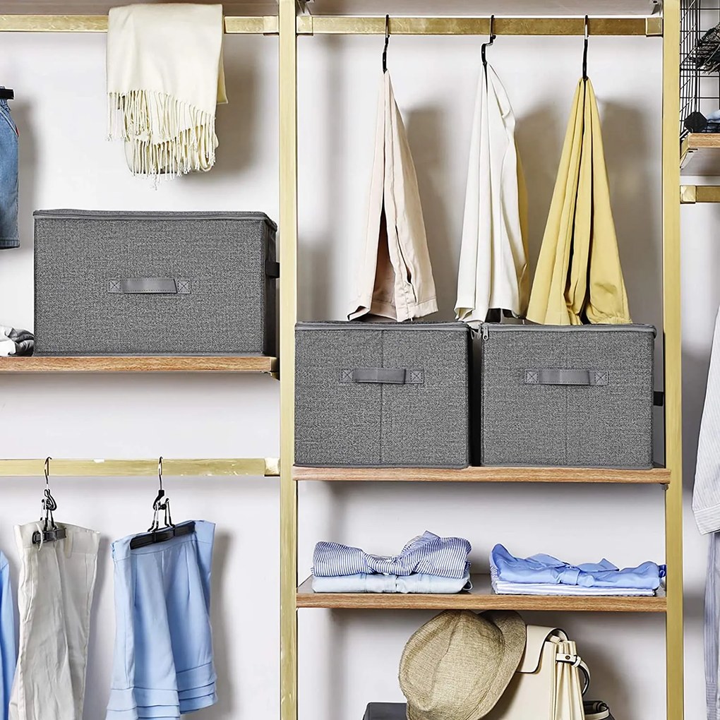 Skladacie úložné boxy s vekom a úchytkou, 3 ks, sivé