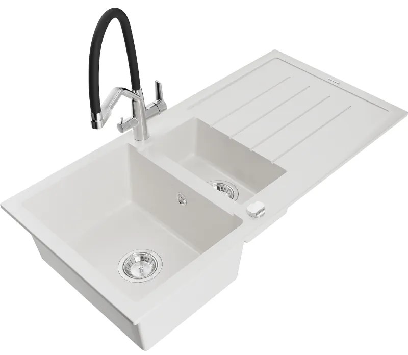 Mexen Andres, granitový drez 1000x500x200 mm, 1,5-komorový a drezová batéria Duo, biela, 6515-20-671701-07