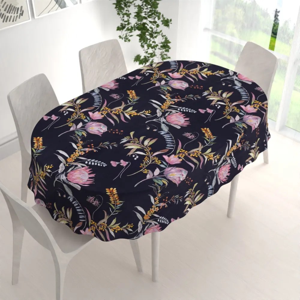 Biante Bavlnený oválny obrus Sandra SA-427 Dúhové kvety na tmavo modrom 60x100 cm