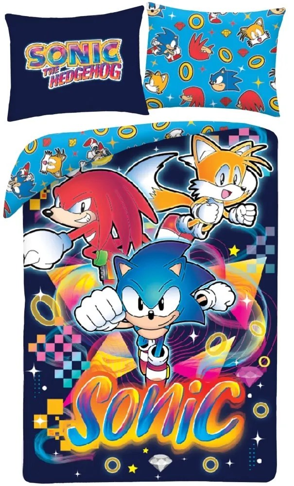 Obojstranné posteľné obliečky z mikrovlákna Ježko Sonic - 70 x 90 cm + 140 x 200 cm - zipsové zapínanie