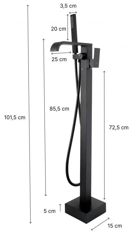 Erga Livo, voľne stojaca vaňová batéria s ručnou sprchovou súpravou h-1015, čierna matná, ERG-YKA-BP.LIVO-BLK