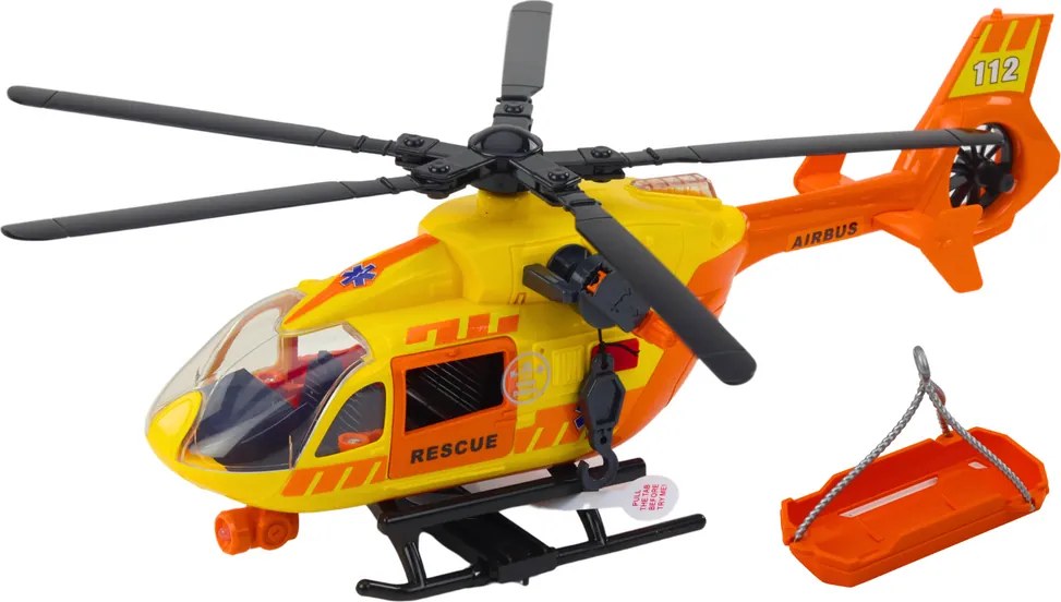 LEAN Toys Záchranný vrtuľník s hákom a nosidlami, svetlá a zvuky, oranžový 1:12