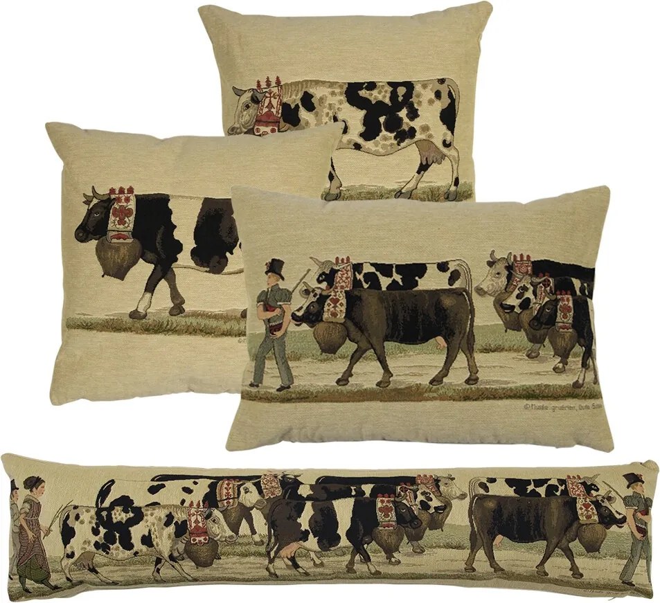 Béžový gobelinový dlhý vankúš s kravami Cowbell - 90*15*20cm