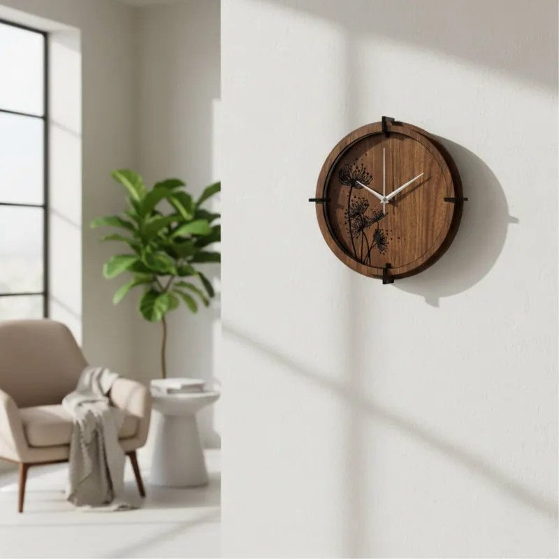 Drevené hodiny Wenge s čiernym kvetinovým motívom | SENTOP HDF0586-ORECH-WENGE