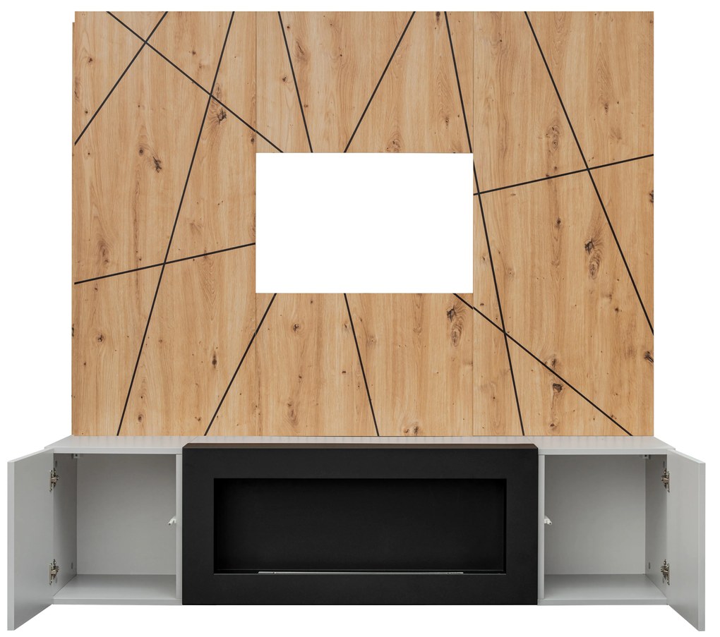 Obývacia stena Xavus G2-K (perla grey + dub artisan) (s bio krbom). Vlastná spoľahlivá doprava až k Vám domov. 1118838
