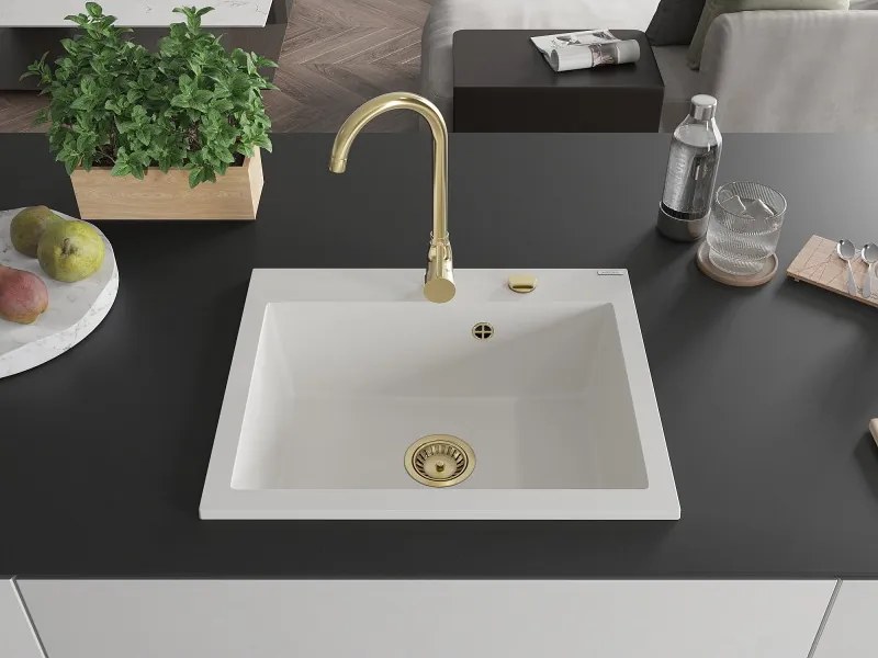 Mexen Elix granitový drez, 1-komorový, 600 x 500 mm, biely, zlatý sifón - 6525601005-20-G