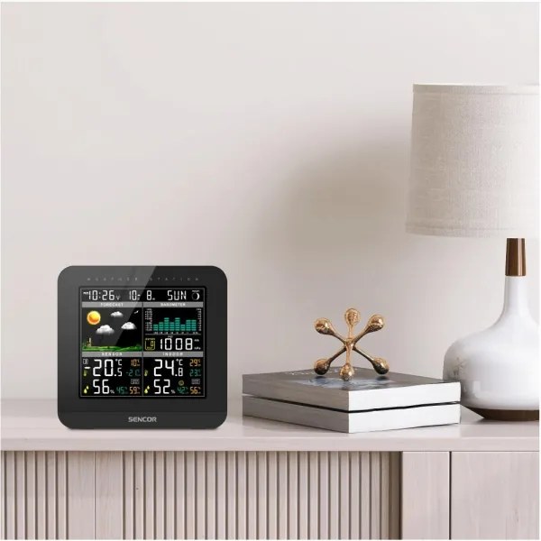 Sencor - Meteostanica s farebným LCD displejom a budíkom 3xAAA + 2x AA čierna