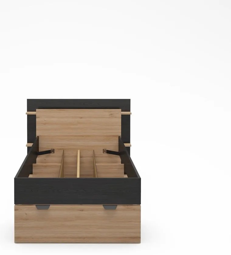 Jednolôžková posteľ v dekore duba s úložným priestorom bez roštu v čierno-prírodnej farbe 90x200 cm Albo – Marckeric
