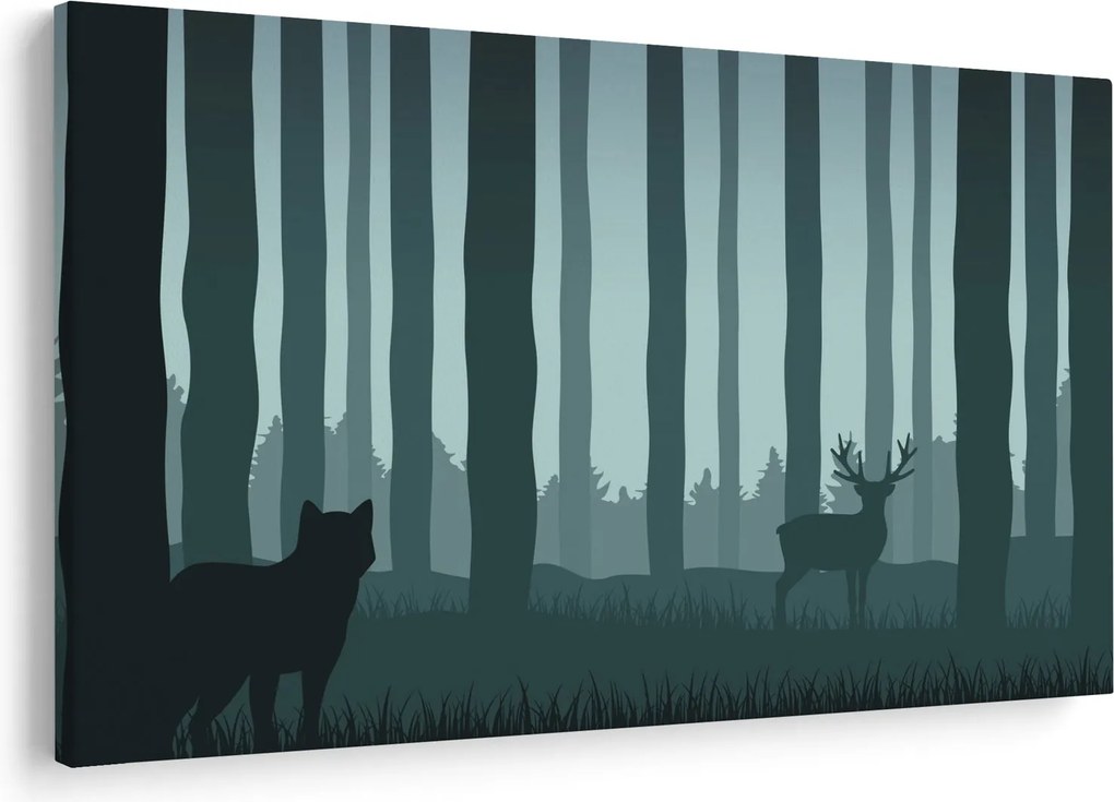 Obraz - Jeleň s vlkom v skalách (90x60 cm)