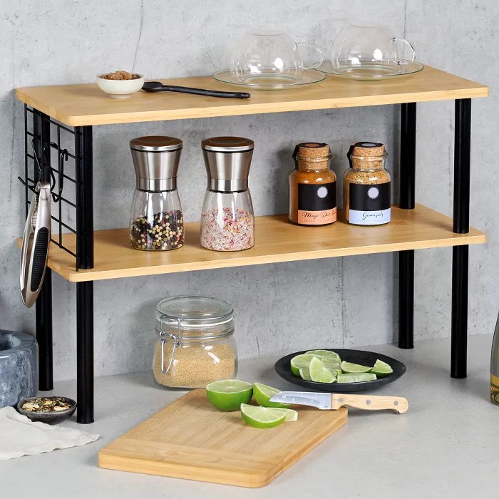 Kuchynská 2-poschodová bambusová polička s háčikmi KESPER AREA 2