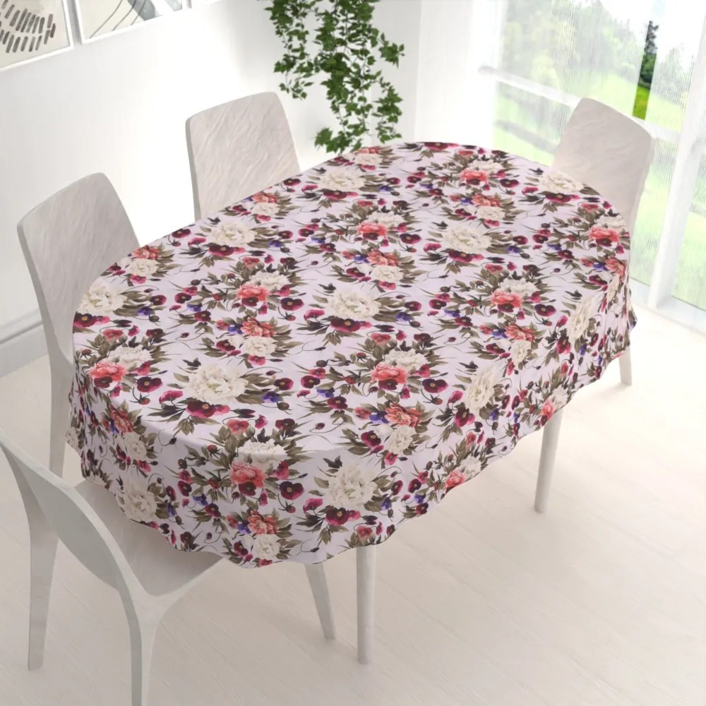 Biante Dekoračný oválny obrus Leona LN-075 Farebné kvety na smotanovom 130x200 cm