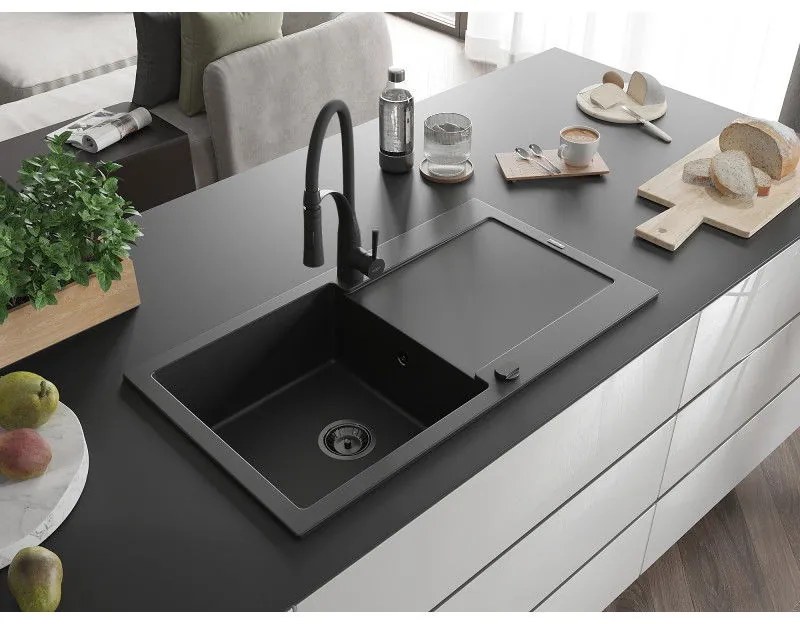 Mexen Leo, granitový drez 900x500x190 mm, 1-komorový a drezová batéria Aster, čierna, 6501-77-73450-70-B