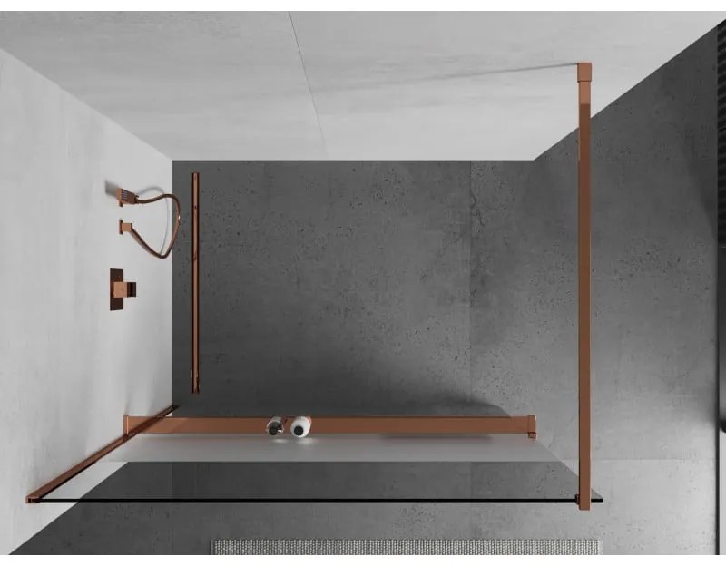 Mexen Kioto, sprchová zástena s poličkou a držiakom na uteráky 110 x 200 cm, 8mm číre sklo - námraza, profil ružové zlato, 800-110-121-60-35